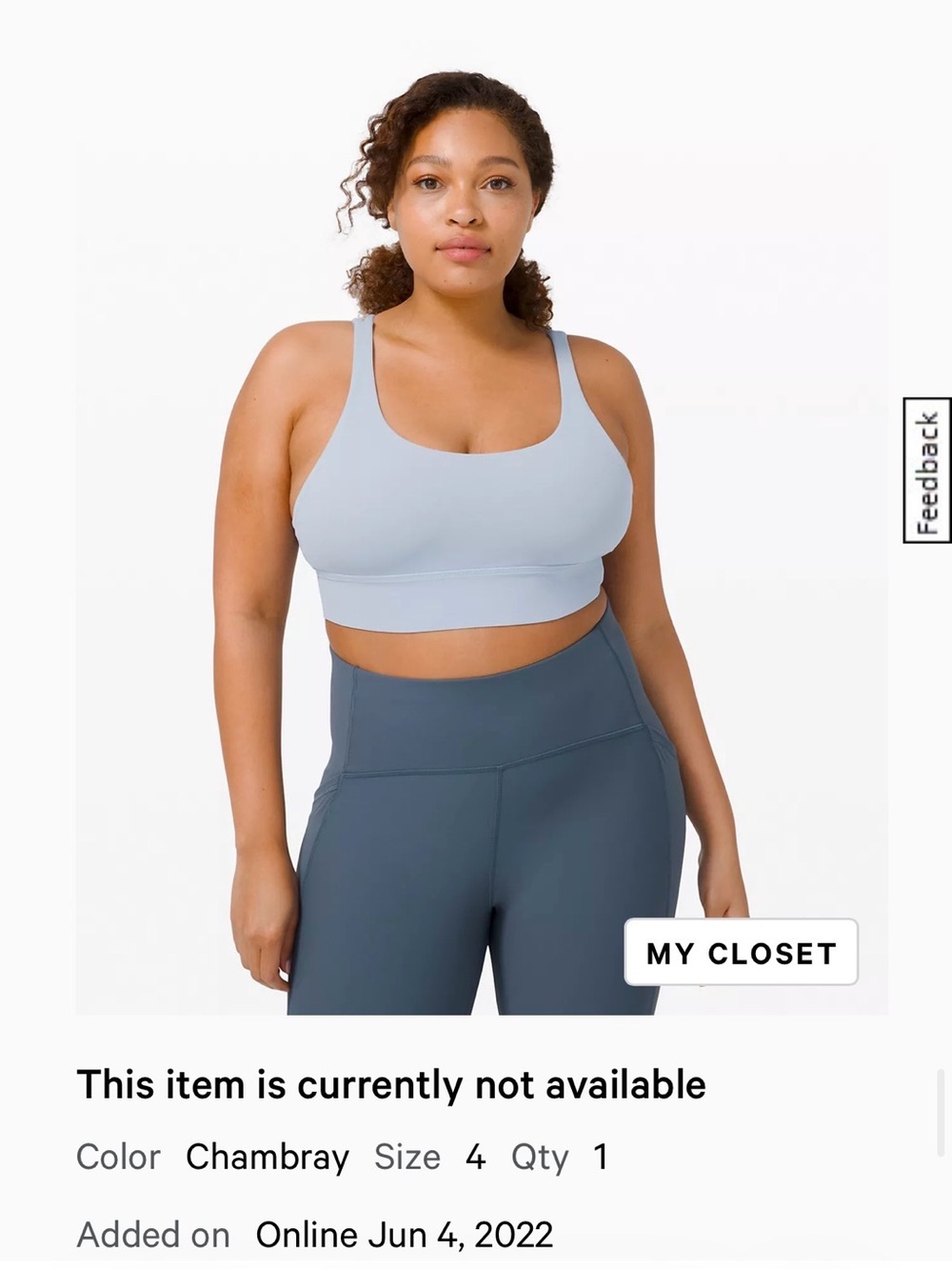 lululemon Energy Longline Sports Bra Size 4 Color Chambray (leggings avail sep)